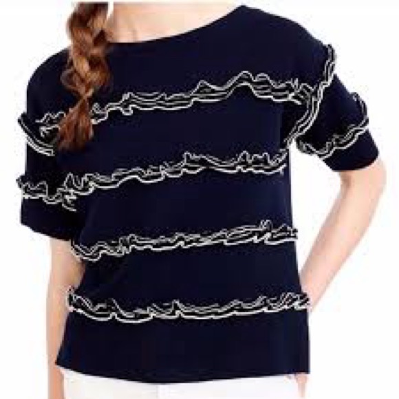 J Crew Ruffled Short Sleeve Crew Neck Sweater Navy Blue White Size Small - Picture 1 of 5